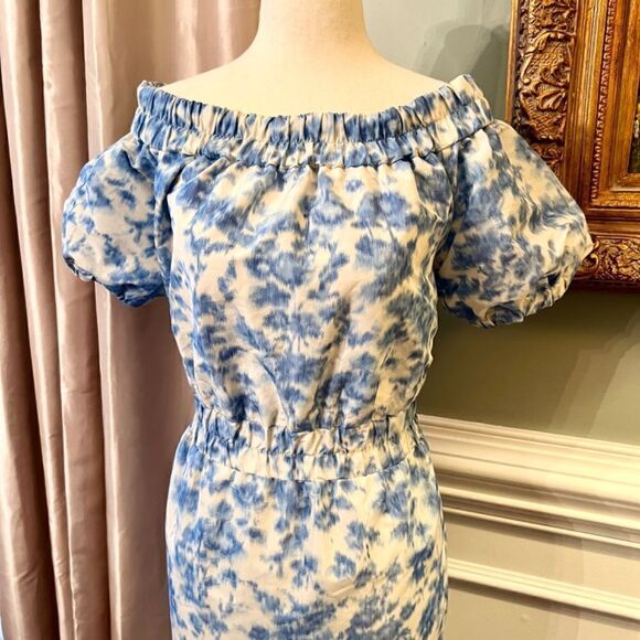 NWT J.Crew Off-Shoulder Midi Dress in Blue & White Antique Ikat Floral Size 8 - Picture 5 of 5